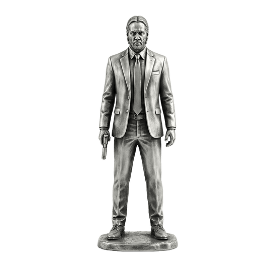 Suited Assassin Silver Statue — the impeccably dressed killer archetype